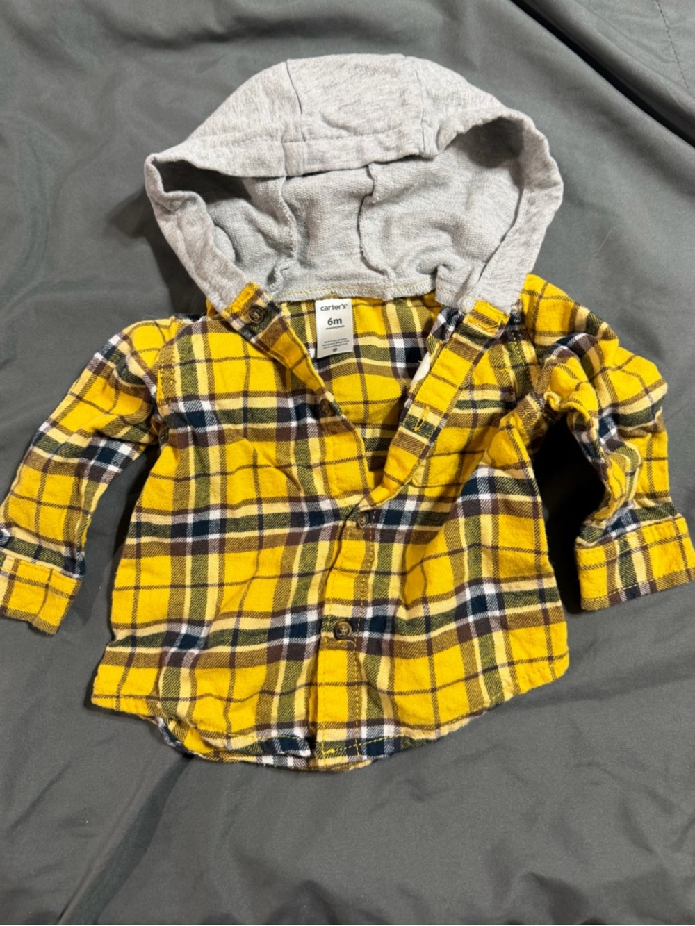 Carter's Yellow Plaid Hooded Button-Down Shirt with Gray Hood